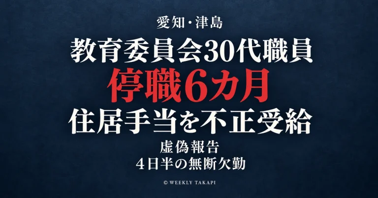 愛知県津島市の教育委員会に勤務する30代職員が住居手当の不正受給や虚偽報告、4日半の無断欠勤を理由に停職6カ月の懲戒処分を受けた事案を伝える週刊TAKAPIの報道アイキャッチ
