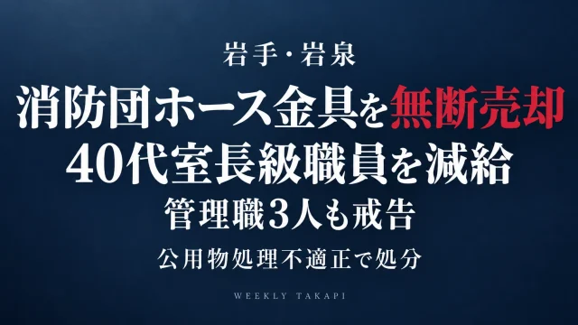 岩手県岩泉町の消防防災課職員が消防団用消火ホースの金具を適正な手続きを経ず業者へ売却し、減給処分を受けた事案を伝える週刊TAKAPIの報道アイキャッチ