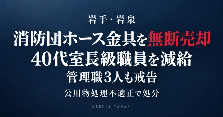 岩手県岩泉町の消防防災課職員が消防団用消火ホースの金具を適正な手続きを経ず業者へ売却し、減給処分を受けた事案を伝える週刊TAKAPIの報道アイキャッチ