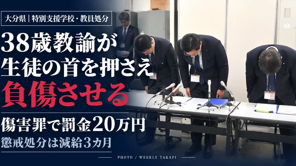 大分県立特別支援学校の38歳教諭が生徒の首を両手で押さえて負傷させた事件を報じる画像。傷害罪で罰金20万円、県教委は減給3カ月の懲戒処分