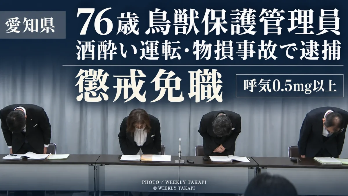 愛知県が、岐阜県郡上市で飲酒運転による物損事故を起こして逮捕された76歳男性の鳥獣保護管理員を懲戒免職とした問題を伝える週刊TAKAPIの報道アイキャッチ