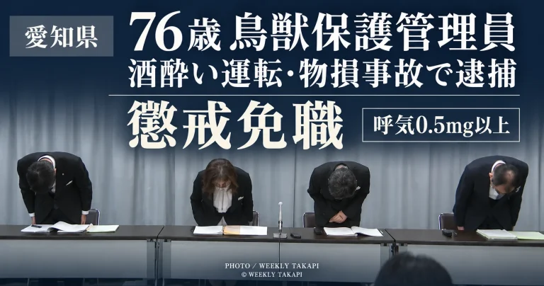 愛知県が、岐阜県郡上市で飲酒運転による物損事故を起こして逮捕された76歳男性の鳥獣保護管理員を懲戒免職とした問題を伝える週刊TAKAPIの報道アイキャッチ
