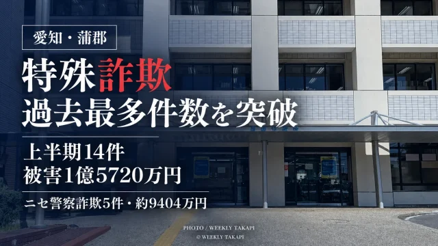 愛知県蒲郡市で2026年の特殊詐欺被害件数が2024年の年間過去最多件数を上回り、上半期だけで14件・約1億5720万円の被害が確認されたことを伝える週刊TAKAPIの報道アイキャッチ
