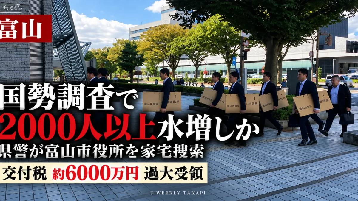 2025年国勢調査で富山市が人口を2000人以上水増しした疑いをめぐり富山県警が市役所を家宅捜索した問題を伝える週刊TAKAPIの報道アイキャッチ