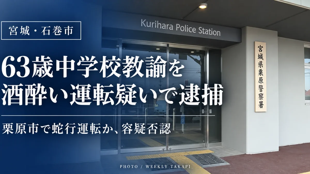 宮城県石巻市の63歳中学校教諭が酒酔い運転の疑いで現行犯逮捕された事件を伝える報道用画像。栗原市若柳で蛇行運転の通報があり、教諭は容疑を否認している。