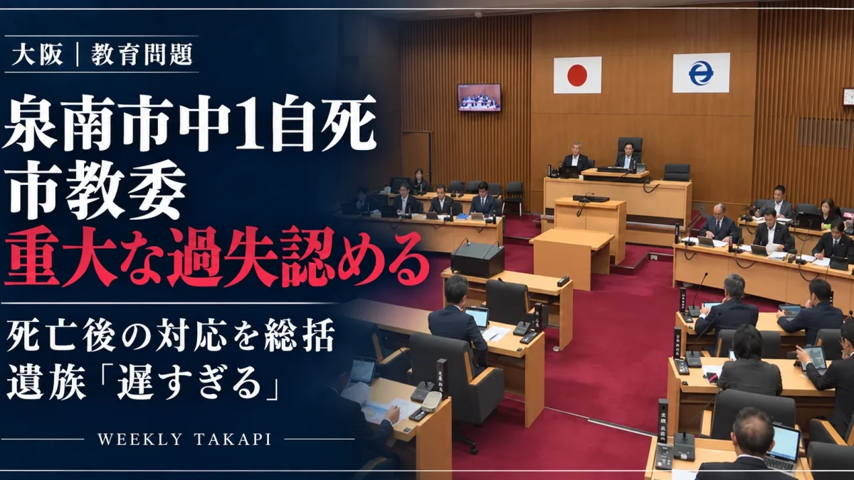 泉南市の中1いじめ自死問題で、市教委が重大な過失を認めたことを伝える報道アイキャッチ。市議会の議場写真と見出しを配置