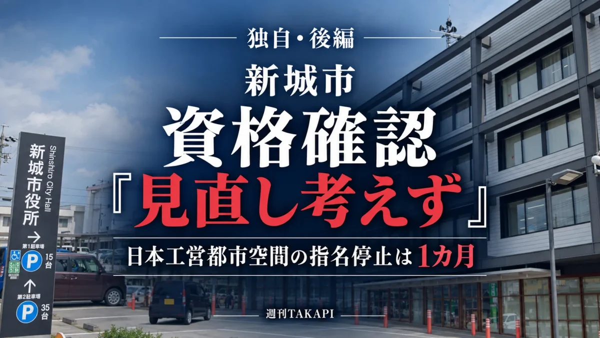 新城市が日本工営都市空間の資格要件不足をめぐり、資格確認方法を現時点で見直さず、同社への指名停止を最短の1カ月とした理由を説明した独自取材記事の週刊TAKAPI報道アイキャッチ