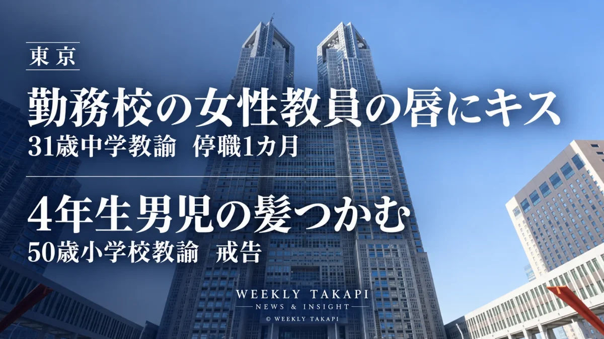 東京都教育委員会が、勤務校の女性教員の唇にキスした31歳男性中学教諭を停職1カ月、4年生男子児童の髪をつかんだ50歳女性小学校教諭を戒告とした懲戒処分を伝える週刊TAKAPIの報道アイキャッチ