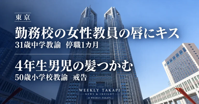 東京都教育委員会が、勤務校の女性教員の唇にキスした31歳男性中学教諭を停職1カ月、4年生男子児童の髪をつかんだ50歳女性小学校教諭を戒告とした懲戒処分を伝える週刊TAKAPIの報道アイキャッチ