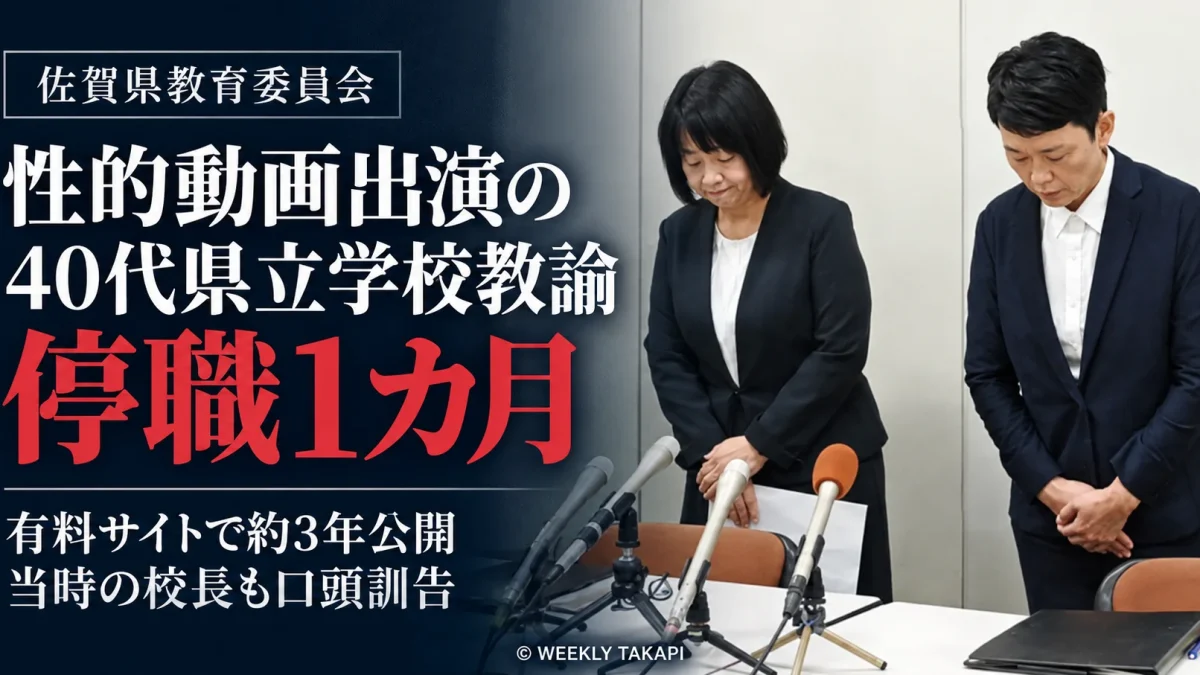 佐賀県教育委員会が性的動画に出演した40代の県立学校男性教諭を停職1カ月とした問題を伝える報道アイキャッチ