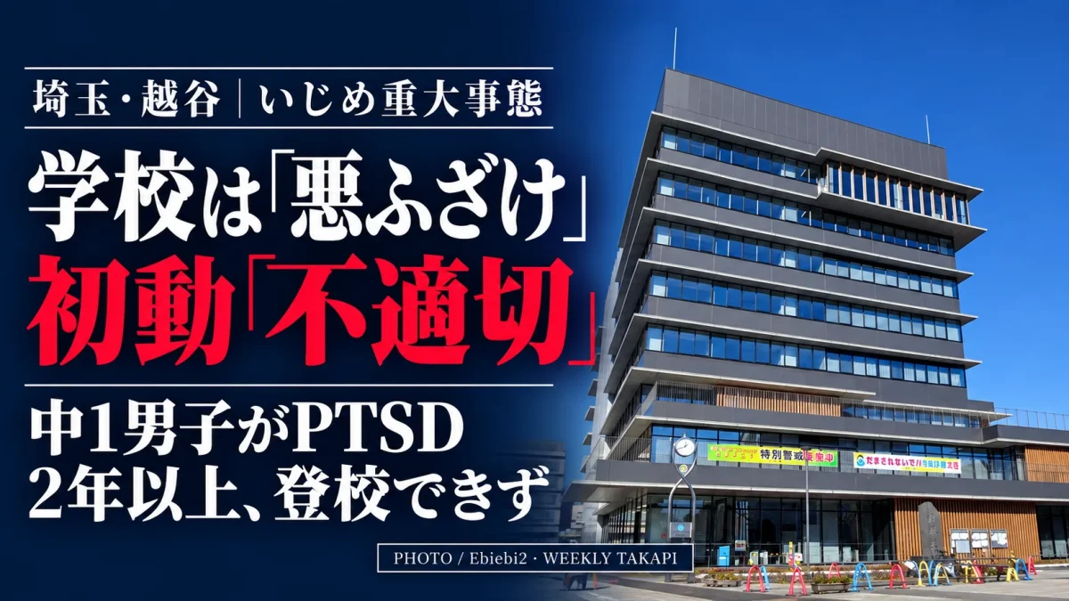 越谷市役所新本庁舎の写真と、越谷市の中学校いじめ重大事態で学校の初動対応を第三者委員会が不適切と指摘したことを伝える見出し