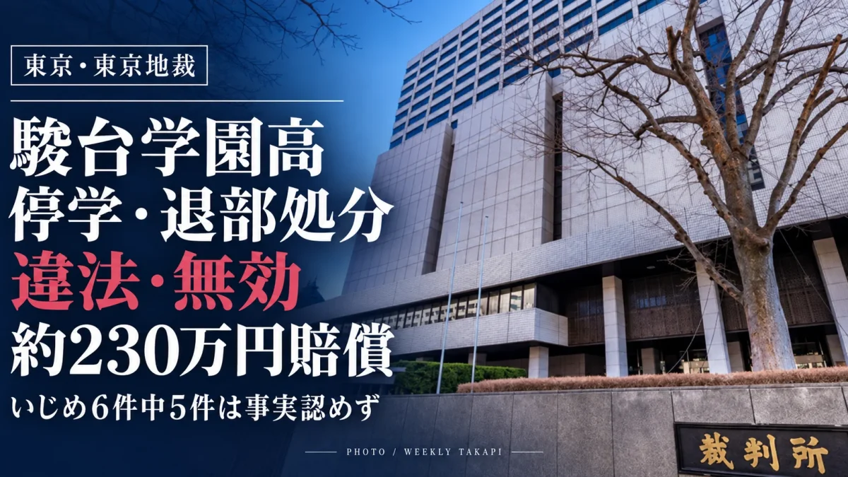 東京地方裁判所の庁舎外観。駿台学園高校の停学・退部処分を違法・無効とし、約230万円の賠償を命じた判決を伝える報道画像