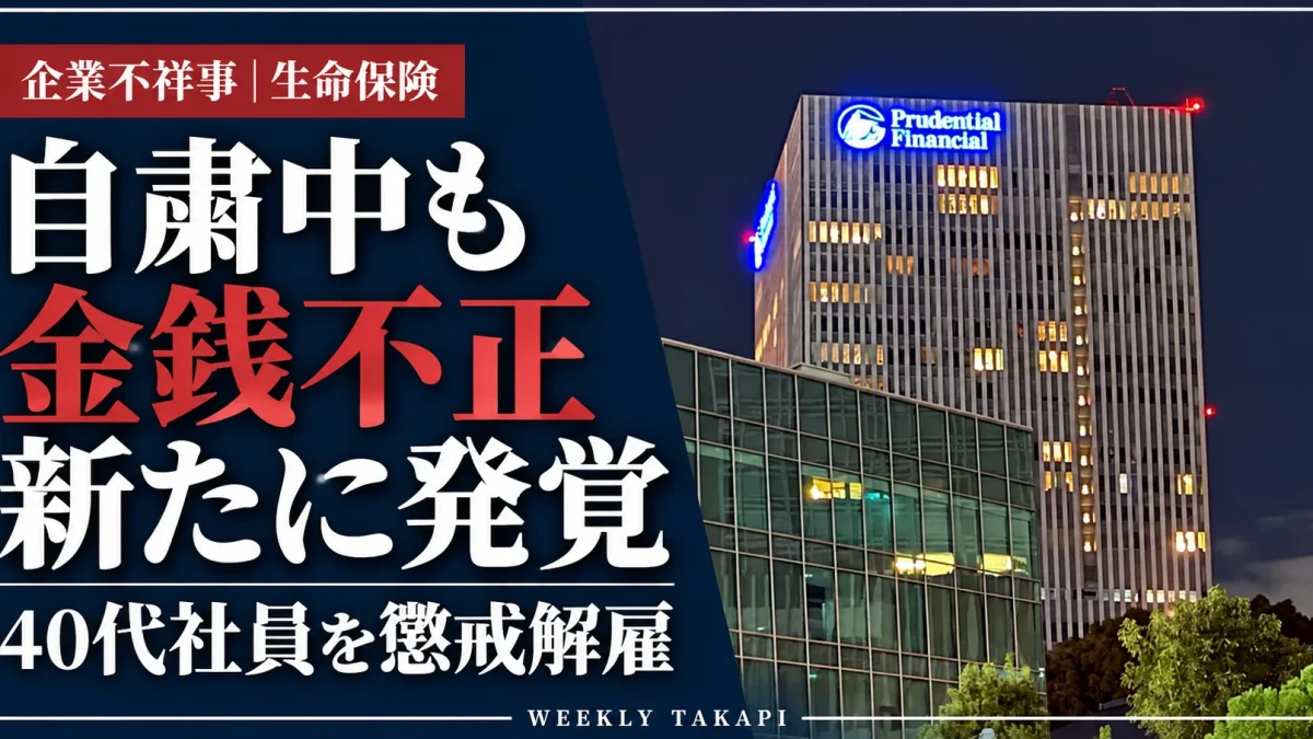 プルデンシャル生命で販売自粛中にも新たな金銭不正が発覚、40代営業社員を懲戒解雇した問題を伝える報道アイキャッチ