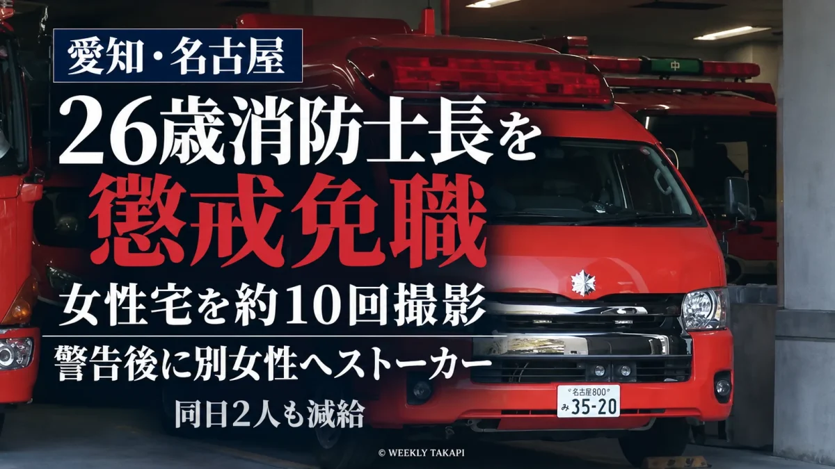 名古屋市消防局中消防署の26歳男性消防士長が女性宅を約10回撮影し、ストーカー行為で警察から警告を受けた後に別の女性への行為でも警告を受け、懲戒免職となったことを伝える週刊TAKAPIの報道アイキャッチ