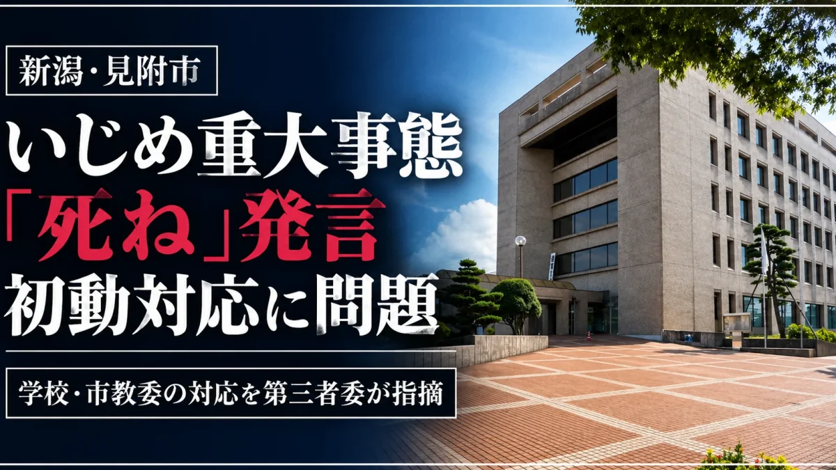 新潟県見附市の小学校で「死ね」発言などのいじめが認定され、学校と市教育委員会の対応不足が指摘された問題を伝える報道画像
