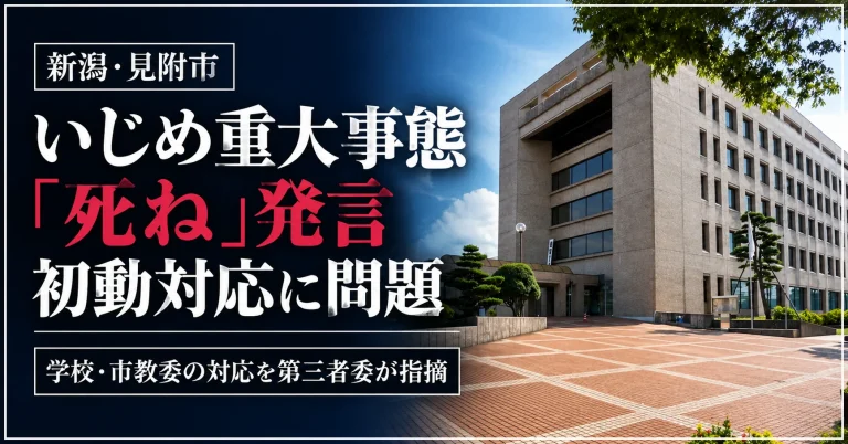 新潟県見附市の小学校で「死ね」発言などのいじめが認定され、学校と市教育委員会の対応不足が指摘された問題を伝える報道画像