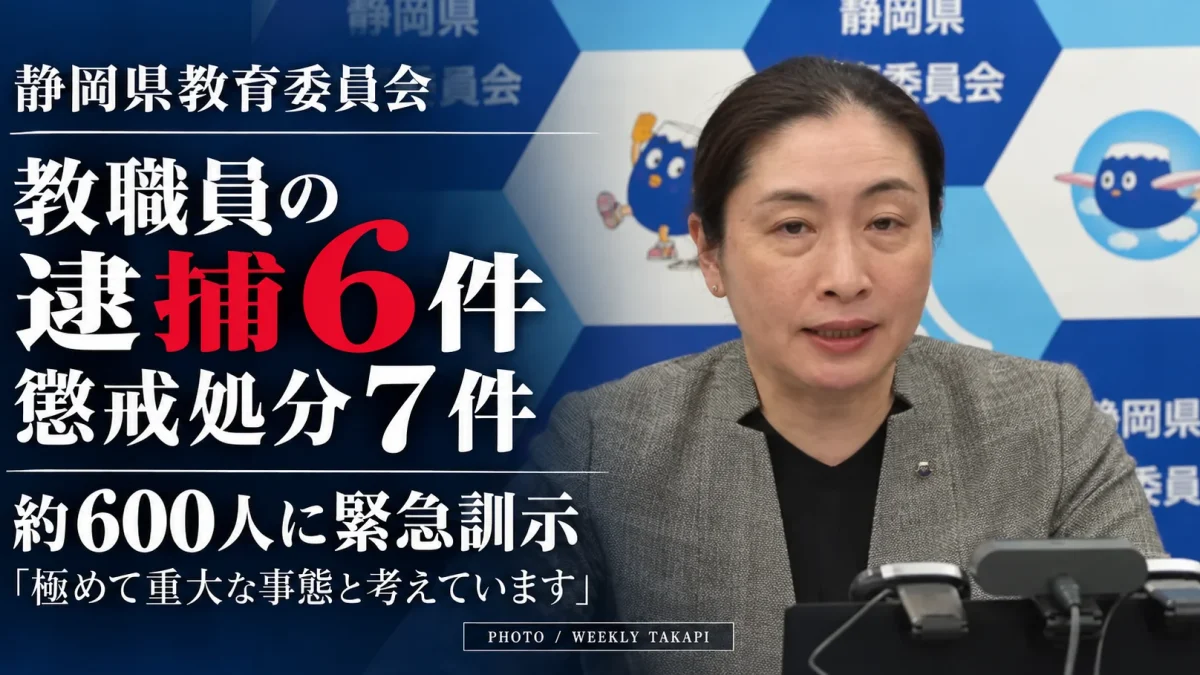 静岡県教育委員会の説明場面を右側に配置し、「逮捕６件」「懲戒処分７件」「約600人に緊急訓示」と表示した週刊TAKAPIの報道アイキャッチ画像。