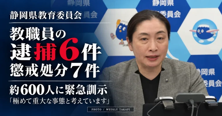 静岡県教育委員会の説明場面を右側に配置し、「逮捕６件」「懲戒処分７件」「約600人に緊急訓示」と表示した週刊TAKAPIの報道アイキャッチ画像。