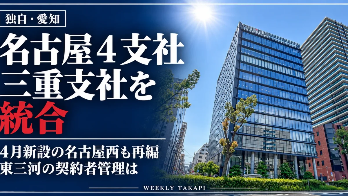 プルデンシャル生命の名古屋4支社と三重支社の統合を報じる週刊TAKAPIのアイキャッチ。名古屋北支社が入居する富士フイルム名古屋ビルを背景に、豊橋・東三河の契約者管理への影響を検証。