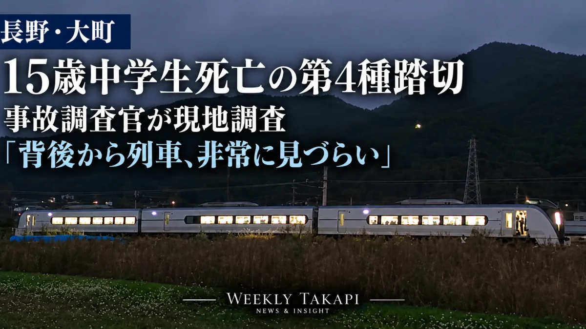 長野県大町市のJR大糸線・花見踏切で15歳の男子中学生が特急列車にはねられ死亡し、運輸安全委員会が道路形状や見通しを調査している事故を伝える週刊TAKAPIの報道アイキャッチ