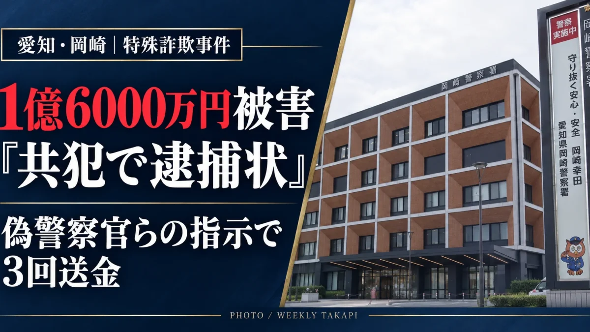愛知県岡崎市の岡崎警察署の庁舎を背景に、会社役員が偽警察官らに１億6000万円をだまし取られた特殊詐欺事件を伝える報道アイキャッチ画像。