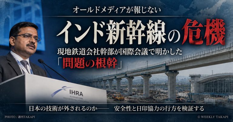 インド新幹線の危機を伝える週刊TAKAPIのアイキャッチ画像。現地鉄道会社幹部の国際会議での発言を取り上げ、安全性や日本の新幹線技術、日印協力の課題を検証する。