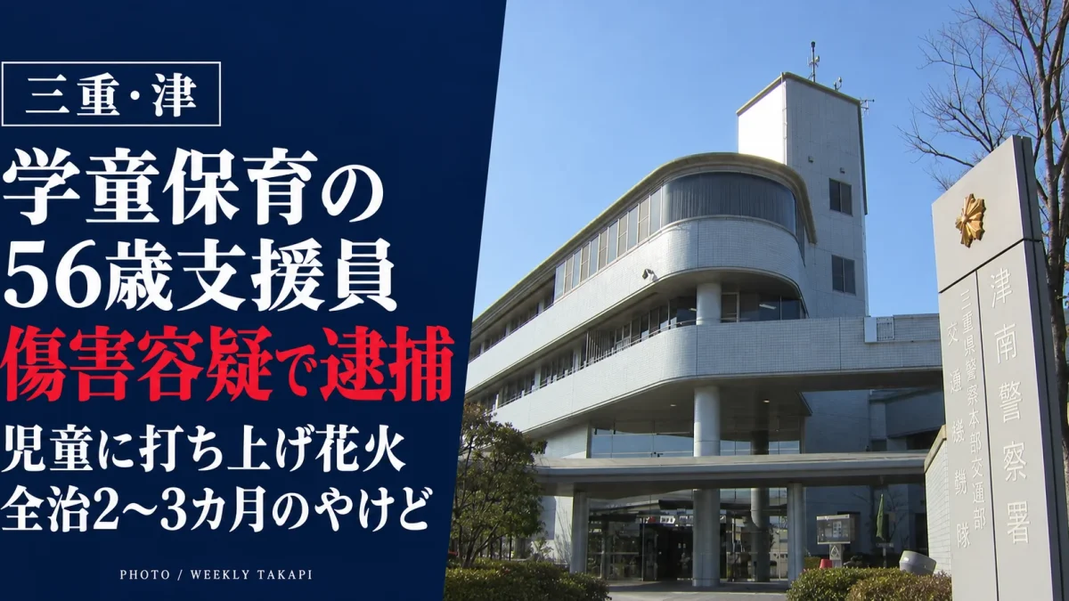 三重県津市の学童保育行事で男子児童が打ち上げ花火によってやけどを負い、56歳の支援員が傷害容疑で逮捕された事件を伝える報道用画像