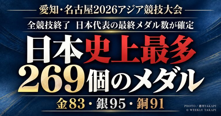 愛知・名古屋2026アジア競技大会で日本代表が史上最多となる269個のメダルを獲得したことを伝えるアイキャッチ画像