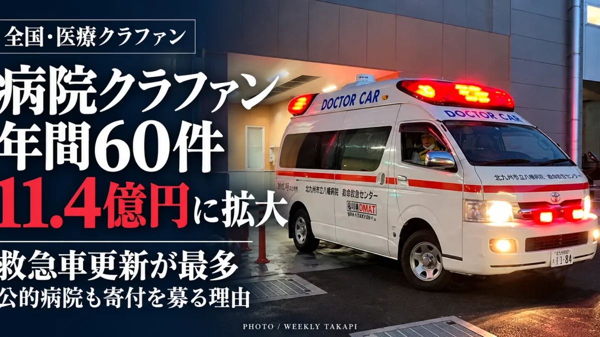 北九州市立八幡病院の病院救急車。全国で医療機関のクラウドファンディングが年間60件、約11.4億円に拡大し、救急車両の更新が最多となった