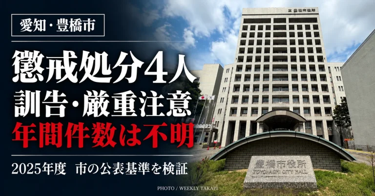 豊橋市役所の外観写真。2025年度の市職員懲戒処分4人と、訓告・厳重注意の年間件数が人事行政報告書に記載されていない問題を伝える週刊TAKAPIの報道画像