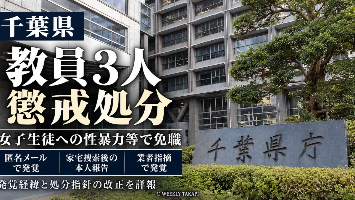 千葉県教育委員会による教員3人の懲戒処分と、匿名メール・家宅捜索後の本人報告・業者指摘という発覚経緯を伝える報道グラフィック