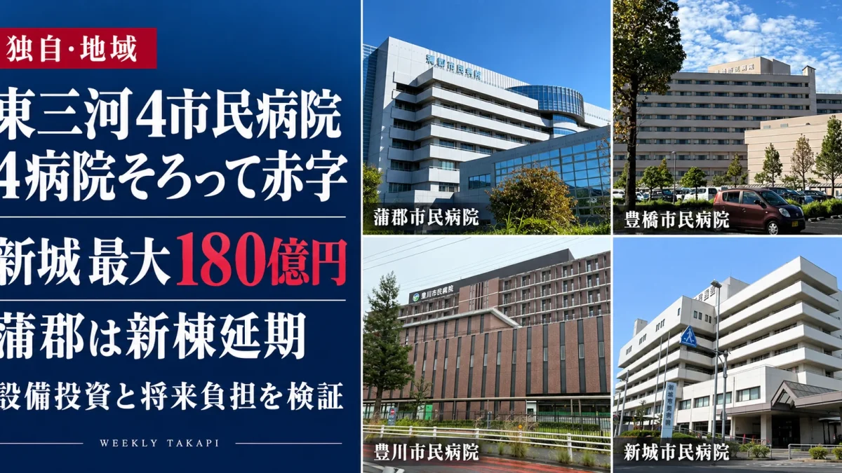 豊橋市民病院、豊川市民病院、蒲郡市民病院、新城市民病院の外観。東三河4市民病院の赤字決算と設備投資を比較検証