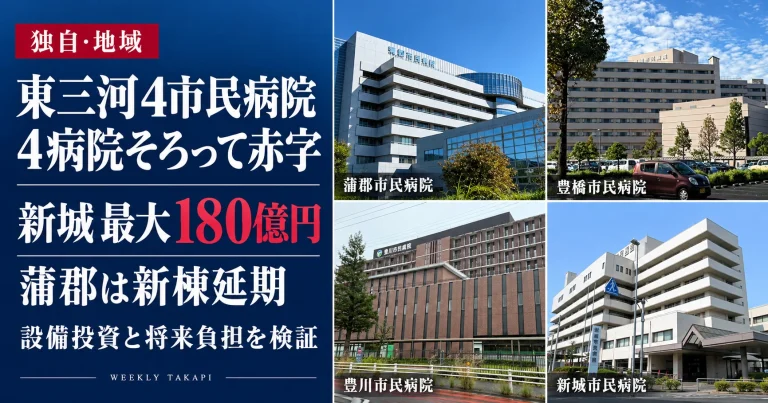 豊橋市民病院、豊川市民病院、蒲郡市民病院、新城市民病院の外観。東三河4市民病院の赤字決算と設備投資を比較検証