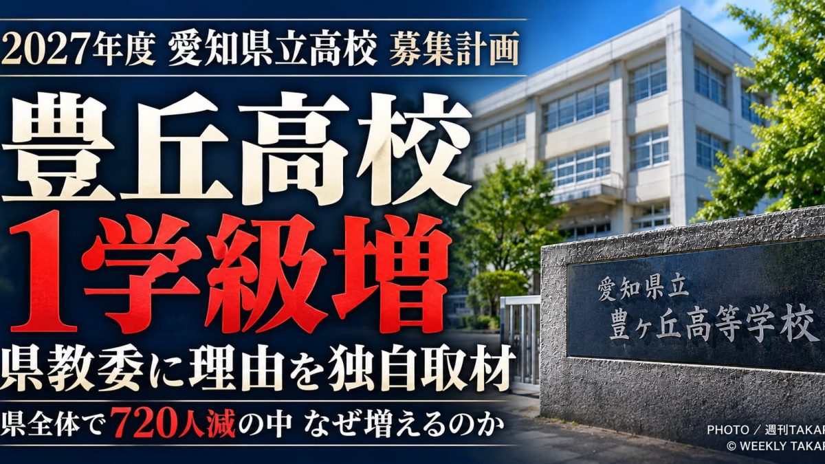 2027年度の愛知県立高校募集計画で豊橋市の豊丘高校が普通科を1学級増やすことを伝える週刊TAKAPIの報道アイキャッチ画像。県全体では募集定員が720人減少。