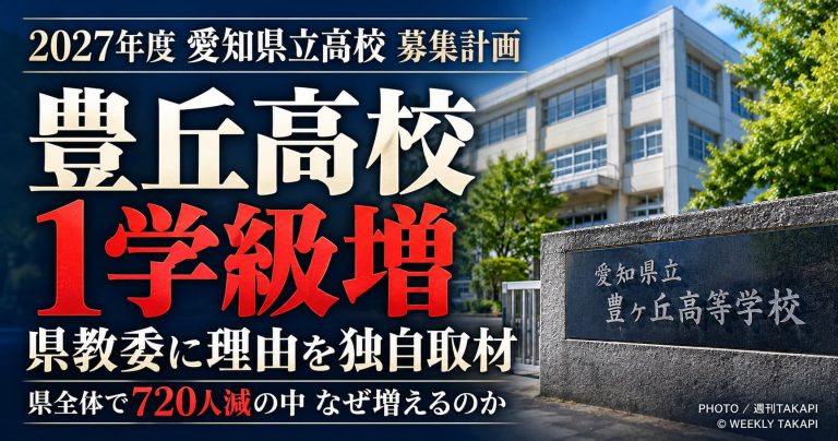 2027年度の愛知県立高校募集計画で豊橋市の豊丘高校が普通科を1学級増やすことを伝える週刊TAKAPIの報道アイキャッチ画像。県全体では募集定員が720人減少。