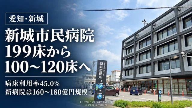 新城市民病院の再整備計画について、現行199床から新病院100〜120床、病床利用率45.0％、総事業費160〜180億円規模を伝える週刊TAKAPIの報道アイキャッチ