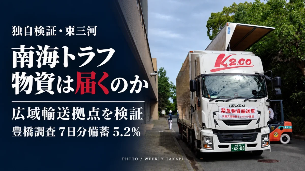 東三河の災害物資輸送訓練で使用されたトラックを背景に、南海トラフ地震への備えと広域輸送拠点の実効性を検証。豊橋市の調査では7日分以上の食料備蓄が回答者の5.2％にとどまったことを伝える週刊TAKAPIの報道画像。