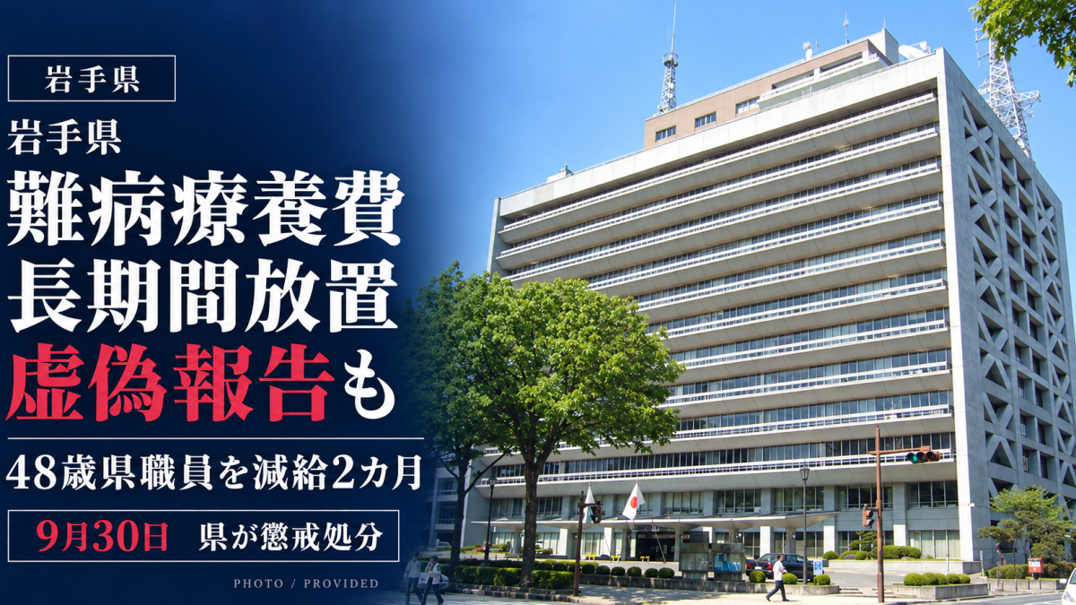 岩手県庁舎の外観写真と、指定難病の療養費支払いを長期間放置し虚偽報告した48歳県職員の懲戒処分を伝える報道画像