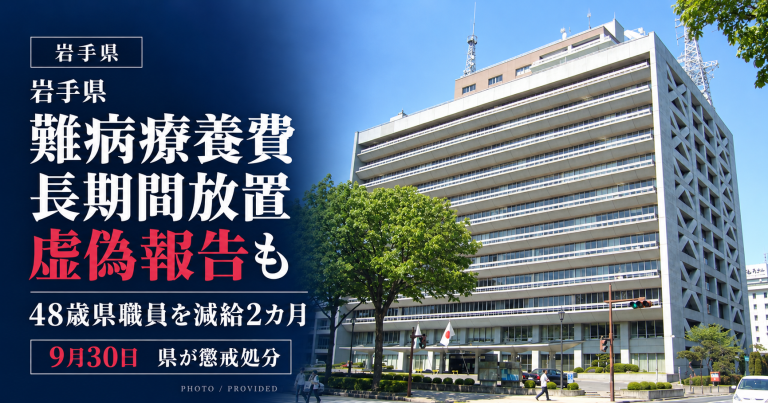 岩手県庁舎の外観写真と、指定難病の療養費支払いを長期間放置し虚偽報告した48歳県職員の懲戒処分を伝える報道画像