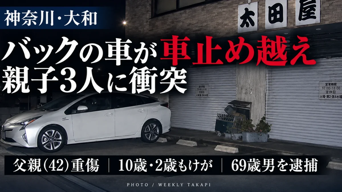神奈川県大和市の駐車場でバックしていた乗用車が車止めを乗り越えて親子3人に衝突し、42歳の父親が重傷、10歳と2歳の子どももけがをした事故を伝える週刊TAKAPIの報道アイキャッチ