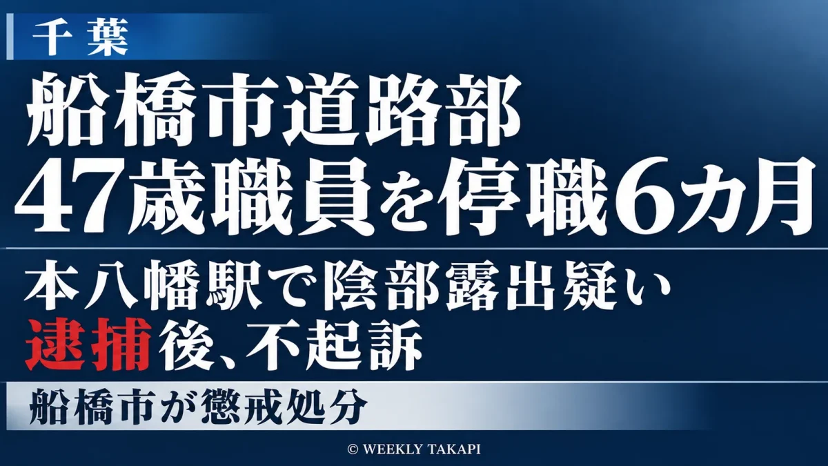 船橋市道路部の47歳男性職員が本八幡駅で公然わいせつの疑いで逮捕され不起訴となった後、停職6カ月の懲戒処分を受けた問題を伝えるニュース画像