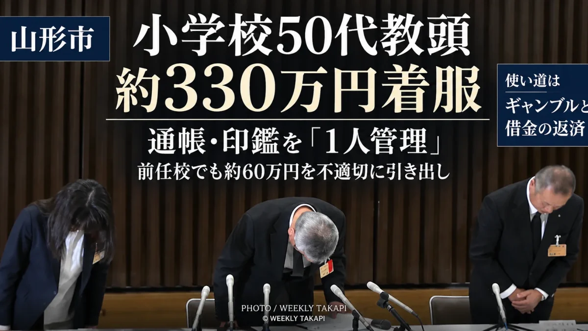 山形市内の小学校に勤務する50代教頭が、学校関係の複数会計から約330万円を着服し、本来別々に管理する通帳と銀行印を1人で管理していた問題を伝える週刊TAKAPIの報道アイキャッチ