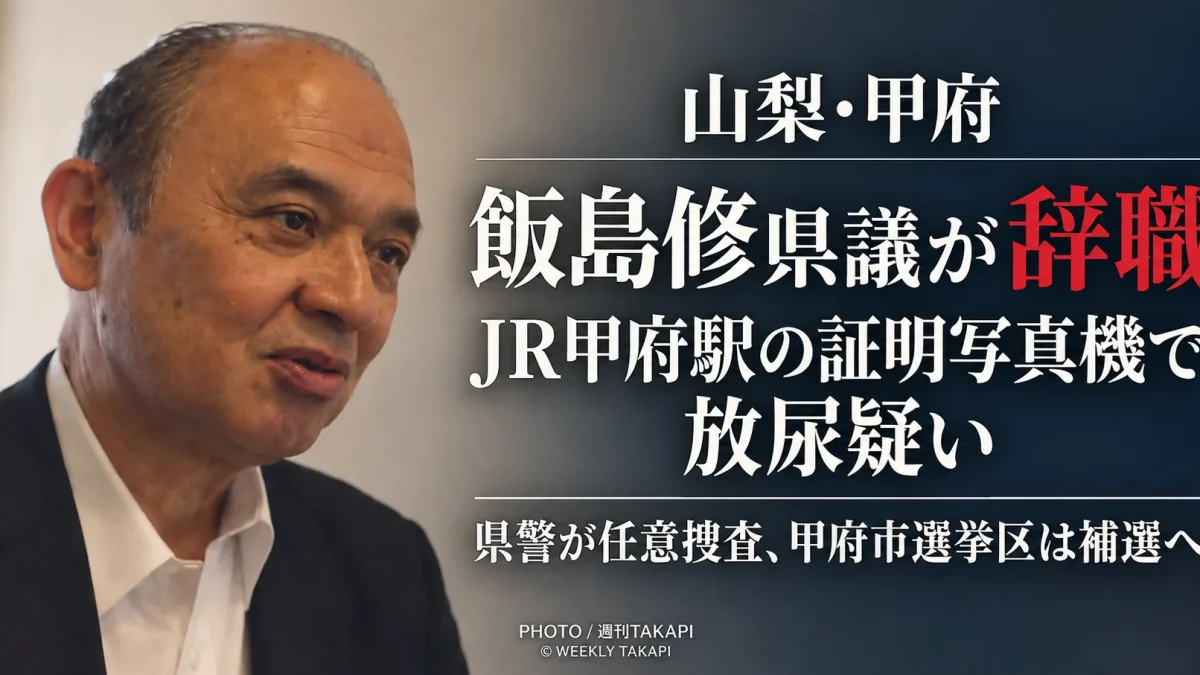 JR甲府駅構内の証明写真機内で放尿した疑いを巡り辞職した飯島修県議について伝える週刊TAKAPIの報道アイキャッチ