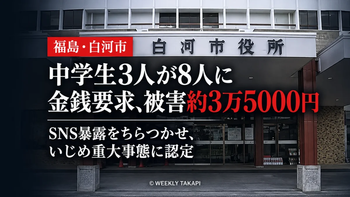 福島県白河市の中学校で男子生徒3人が8人から約3万5000円を脅し取り、市教委がいじめ重大事態と認定したことを伝える報道画像