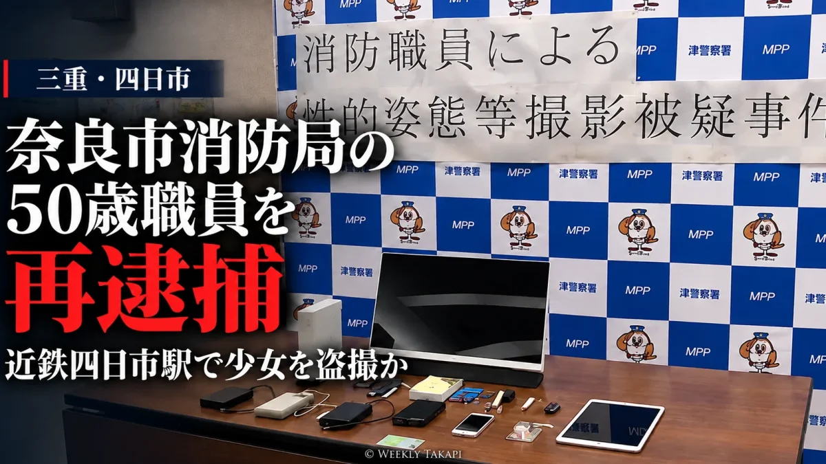 三重県の近鉄四日市駅で少女を盗撮した疑いにより奈良市消防局の50歳職員が再逮捕された事件。警察の発表会場と電子機器を写した報道画像