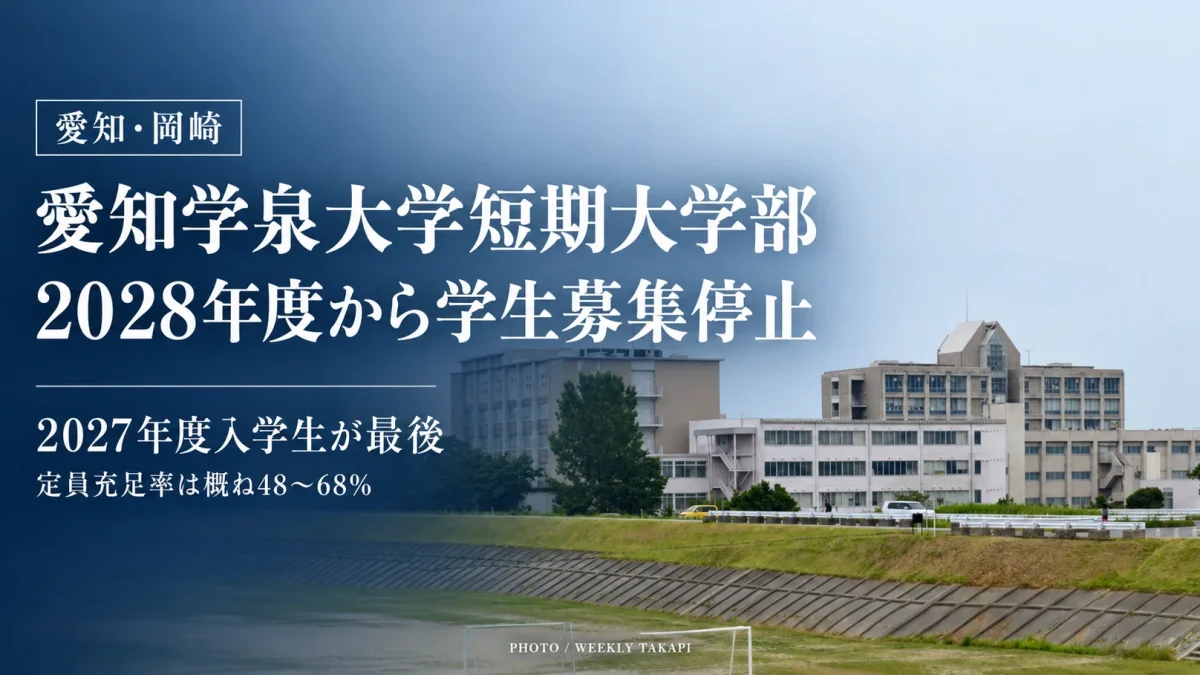 愛知県岡崎市の愛知学泉大学短期大学部が2028年度以降の学生募集を停止し、2027年度入学生が最後となることを伝える深紺背景の報道グラフィック。