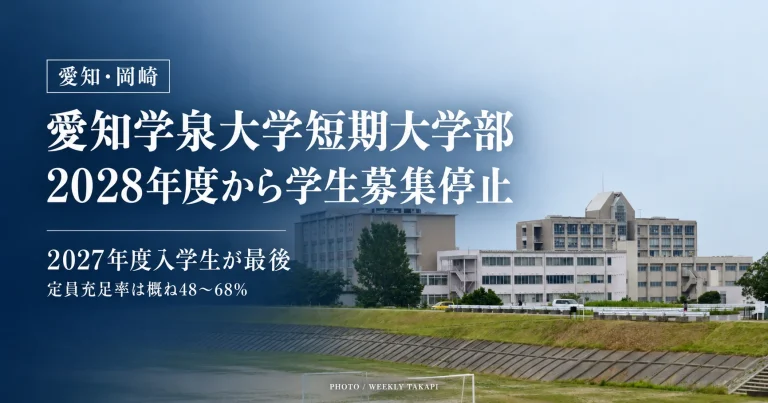 愛知県岡崎市の愛知学泉大学短期大学部が2028年度以降の学生募集を停止し、2027年度入学生が最後となることを伝える深紺背景の報道グラフィック。