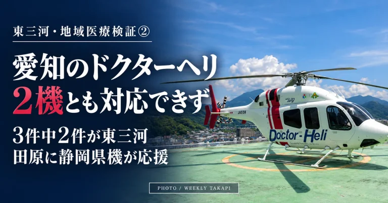 静岡県西部ドクターヘリの実機写真と、愛知県の2機が対応できなかった田原市・新城市の救急搬送問題を伝える週刊TAKAPIの報道画像