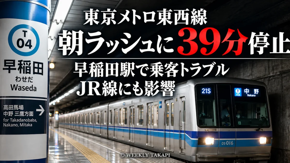 東京メトロ東西線が2026年10月20日朝、早稲田駅での乗客トラブルにより約39分間運転を見合わせ、通勤ラッシュやJR線の運行に影響したことを伝える報道画像