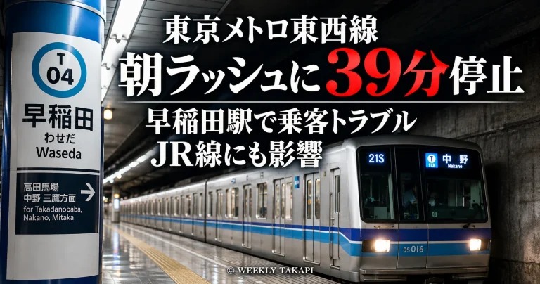 東京メトロ東西線が2026年10月20日朝、早稲田駅での乗客トラブルにより約39分間運転を見合わせ、通勤ラッシュやJR線の運行に影響したことを伝える報道画像